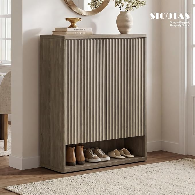 SICOTAS Shoe Cabinet 44 inch Tall Fluted Shoe Cabinet with Doors & 4 Shelves Wooden Large Hidden Shoe Storage Organizer Modern Free Standing 6-Tier Cabinet for Entryway Living Room Closet