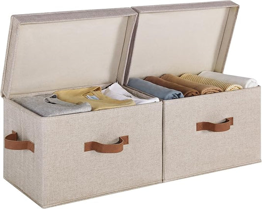 StorageWorks Fabric Storage Bins with Lids, Large Closet Storage Bins | Flip-Top Lid, 3 Handles, Collapsible, Stackable, for Clothes Blankets, Multi-Purpose, Large, Brown and Beige, 2-Pack