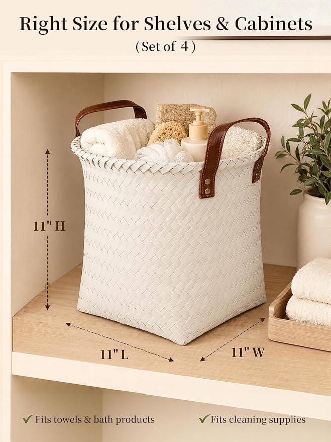 Wicker Storage Baskets, 4 Pack Woven Baskets for Shelves, White | PP Rattan, Water-resistant Wicker Basket, Large Baskets with Faux Leather Handles for Blanket, Laundry Organizer, Room Decor
