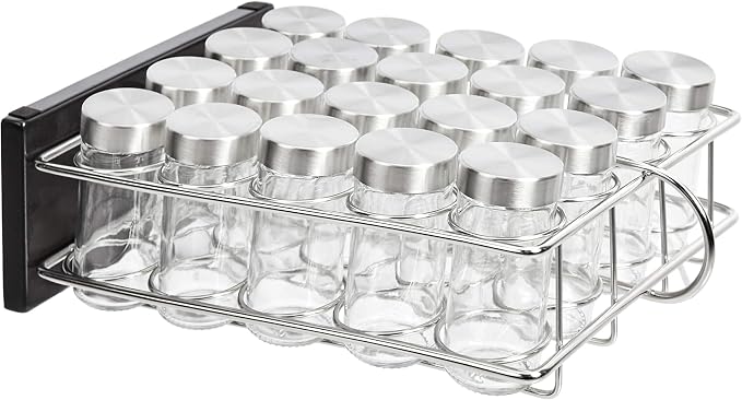 Amazon Basics 20 Jars Spice Rack Organizer, Space-Saving Kitchen Organizer with Glass Spice Jars, Sturdy, Silver