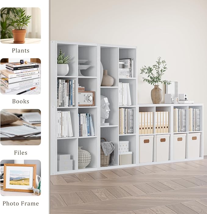 VDNEND Cube Storage Organizer Bookcase, Decorative 11 inch Open Back Cubical Shelf with Thickened Border, Display Bookshelf for Living Room, Home Office, Sturdy Room (White, 8 Cube)