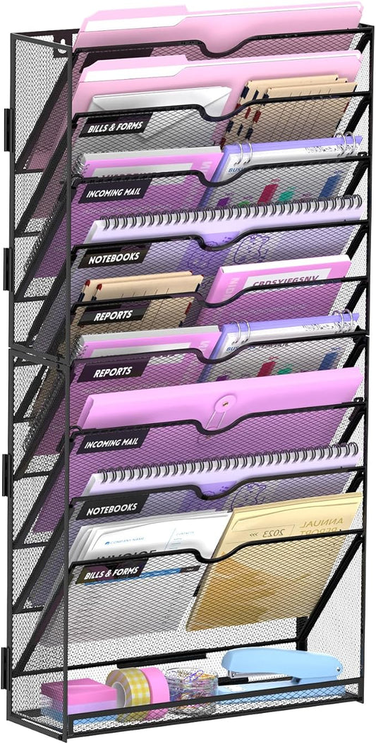 10-Tier Wall File Organizer with Base, Wall Mounted File Holder | Vertical Hanging File Organizer with Open Compartments and Label Holders for Mail, Folders and Paperwork at Home or Work