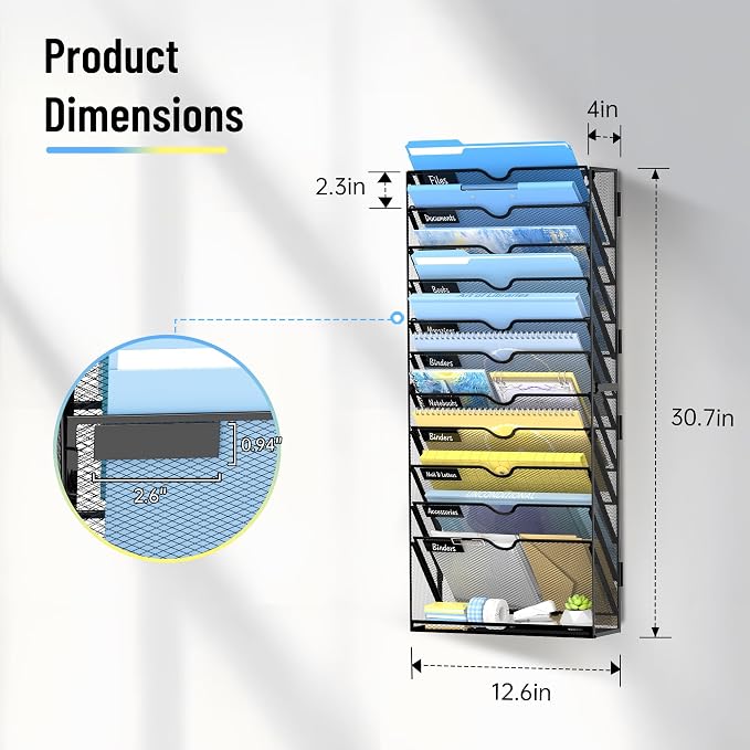 12-Tier Wall File Organizer with Hooks, Hanging File Organizer | Metal Mesh Mail Organizer, Wall Mounted File Organizer for Home, Classroom, Office Organization