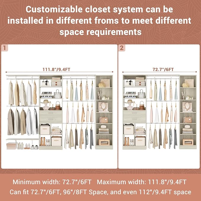 Besiost Closet System - 9.4FT/112" Closet Organizer System with Wooden Drawers,Closet Systems for Walk-In Closets with Hang Rods and Open Cabinet, Greige Oak