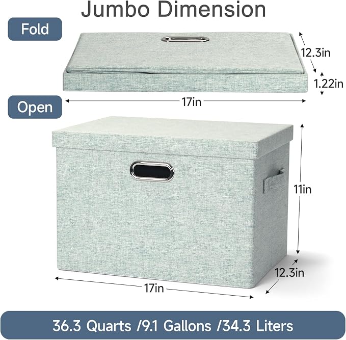 Storage Bins with Lids Fabric Closet Organizers Cubes Office Organization | 36 Quart 3 Pack Light Green Collapsible Stackable Linen Fabric 4 Handles Bedroom Closet Cabinet Under Bed Clothes Toy Office