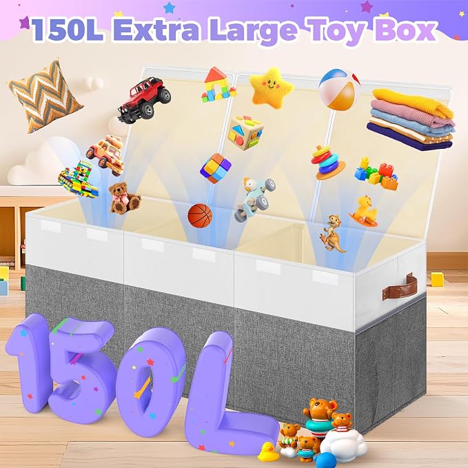 Extra Large Toy Box, Collapsible Toy Storage Chest with Lids, 40"X14"X16" | Sturdy Storage Organizer Bin with Divider for Kids, Boys, Girls, Playroom Bedroom Nursery Organization, White & Gray