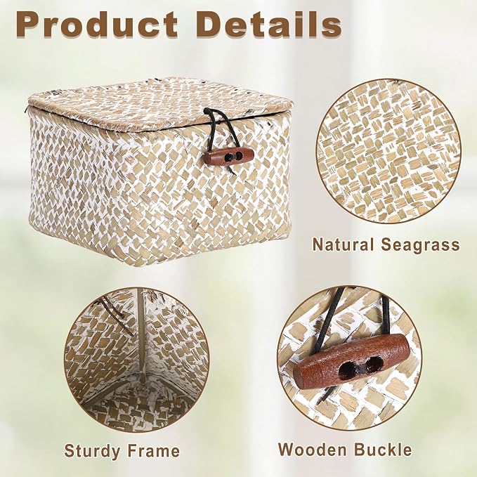 Hipiwe Handwoen Seagrass Basket with Lid Mini Woven Wicker Box,3.5"x3.5"x2" | Decorative Shelf Basket for Bathroom Home Office Organizer, Key Basket Holder for Entryway Table, Whitewash