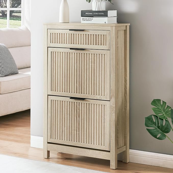 2-Flip Drawer Shoe Cabinet Narrow Entryway Rack, Oak | Vertical Wood Grain, Metal Handles, Adjustable Compartments, Removable Shelf, Anti-Tip Device, for Hallway Foyer Entryway