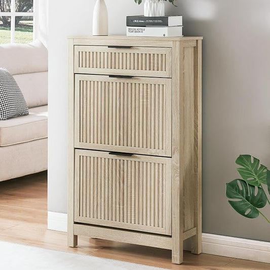 2-Flip Drawer Shoe Cabinet Narrow Entryway Rack, Oak | Vertical Wood Grain, Metal Handles, Adjustable Compartments, Removable Shelf, Anti-Tip Device, for Hallway Foyer Entryway