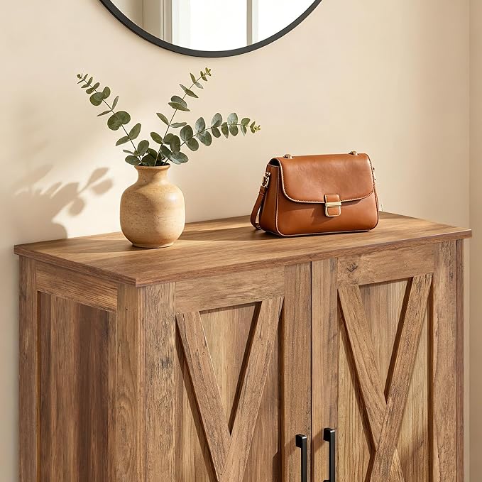 Homleke Farmhouse Shoe Cabinet with 2 Barn Doors & Wood Legs | Tall 4-Tier Shoe Storage Cabinet, 3 Adjustable Shelves, Shoe Rack Organizer, for Entryway, Hallway, Closet, Rustic Walnut