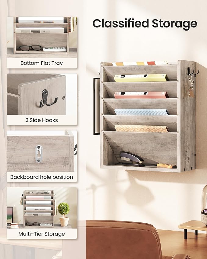 CHOEZON Wall File Organizer, 6-Tier Vertical Mount Hanging Holder with 2 Side Hooks, Modern Wooden Magazine Storage Holder with Bottom Tray, Desk Organizer, for Office, Home, Greige MWJ01FH