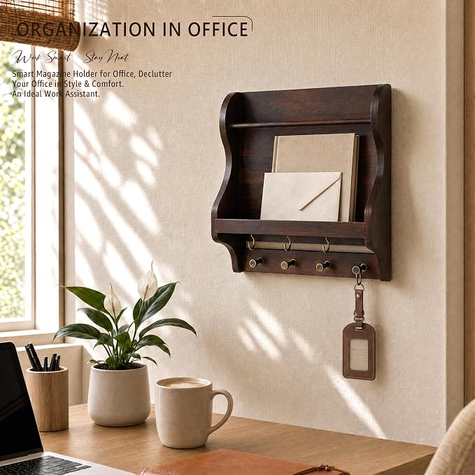 Acacia Wood Mail Organizer Wall Mount with 7 key Hooks Entryway, Dark Brown | Mail Holder for Wall, Key Rack for Keys and Wallets, Mail Holder, Farmhouse Magazine Holder, Wood Decor, Home Organization