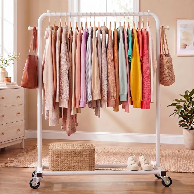 Sywhitta Metal Clothing Rack on Wheels with Bottom Shelf, for Clothes,White | Rolling Garment Rack for Hanging Clothes, Coats, Skirts, 39.76" L x 16" W x 63.78" H,Space-Saving Mobile Organizer for Closet