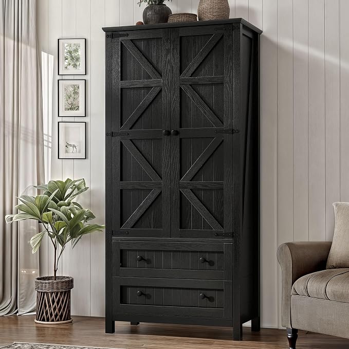 YITAHOME 64.5" Farmhouse Pantry Cabinet with 2 Drawers & Shelves, Oak Black | Tall Storage Cupboard for Living Room, Kitchen, and Hallway