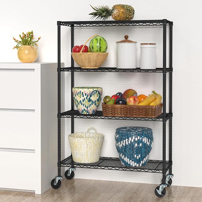 Folews 4-Tier Shelving Unit with Wheels, Metal Rolling Storage Shelves | NSF Certified, Adjustable Layer, Steel Wire Shelving Rack for Kitchen Garage Pantry Home Office, Black (14D x 36W x 57H)