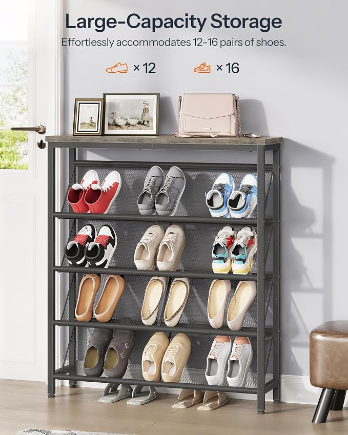 CHOEZON Shoe Rack, 5-Tier Slanted Shoe Storage Shelf, Narrow Shoe Rack for Entryway, Shoe Organizer with Adjustable Feet, Slim Shoe Shelf with Wooden Top and Metal Frame, Greige and Black TXJ02BG