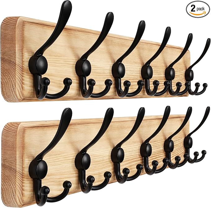 Coat Rack Wall Mounted - 24" Long 6 Tri Hooks, Heavy Duty Wooden Wall Coat Hanger Coat Hook for Clothes Hat Jacket Clothing, Weathered Light Natural and Black, Pack of 2