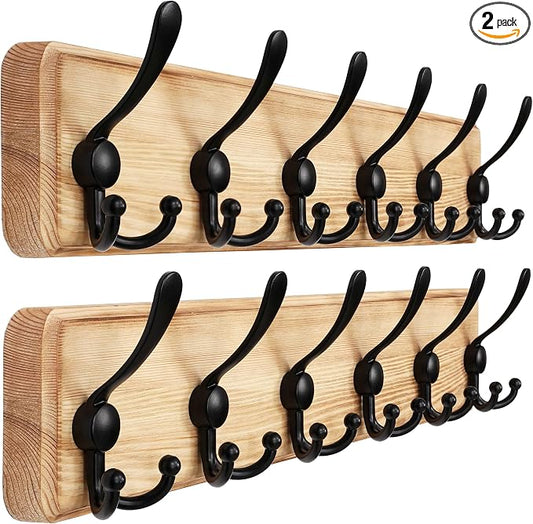 Coat Rack Wall Mounted - 24" Long 6 Tri Hooks, Heavy Duty Wooden Wall Coat Hanger Coat Hook for Clothes Hat Jacket Clothing, Weathered Light Natural and Black, Pack of 2