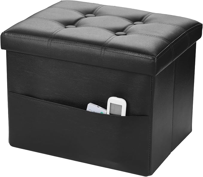 Bsketa Storage Ottoman Bench,16 Inch Folding Leather Foot Rest Stool, Black | Small Ottoman with Side Pockets, Thicker Foam Padded Seat, Livingroom, Dorm, Bedroom, Easy to install, 38L,16x12x12in