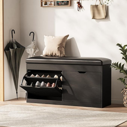 40" Shoe Storage Bench with Flip Drawers Padded Seat Cushion, Shoe Cabinet with Lift Top Storage Box, Shoe Bench Shoe Organizer for Entryway, Hallway, Living Room, Black