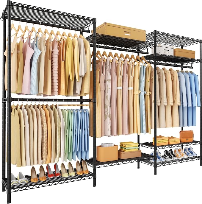 E13 Pro Heavy Duty Clothes Rack（With 4 Hanger Rods & 8 Shelves） Freestanding Clothing Racks for Hanging Clothes，Adjustable Closet，Metal Garment Rack 75" W x16 D x77 H，Max Load 1000LBS，Black