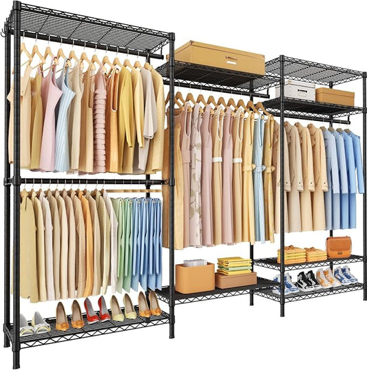 E13 Pro Heavy Duty Clothes Rack（With 4 Hanger Rods & 8 Shelves） Freestanding Clothing Racks for Hanging Clothes，Adjustable Closet，Metal Garment Rack 75" W x16 D x77 H，Max Load 1000LBS，Black