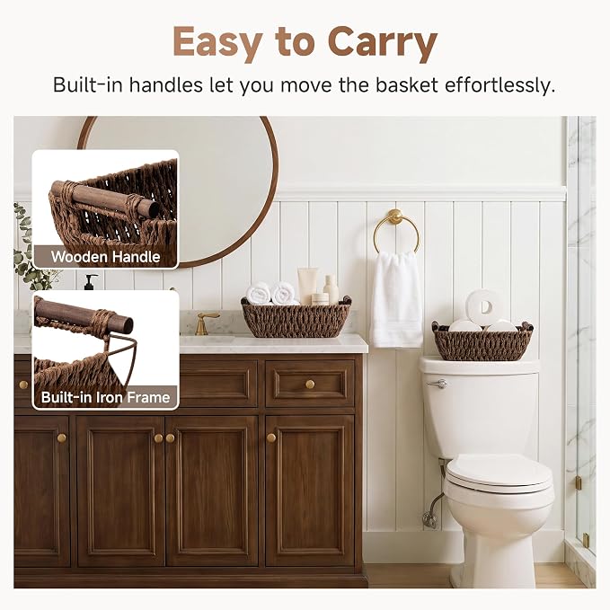 StorageWorks Handwoven Small Wicker Baskets, Round Paper Rope Storage Baskets with Wooden Handles, Dark Brown, 2-Pack