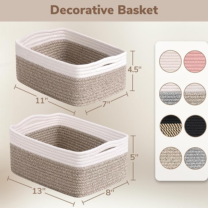 Goodpick 3-Pack Rope Storage Baskets for Gifts, 13 x 8 x 5 in | Empty Baskets for Shelves, Dog Toy Basket, Closet Baskets for Organizing, Empty Baskets for Gifts, White & Light Brown