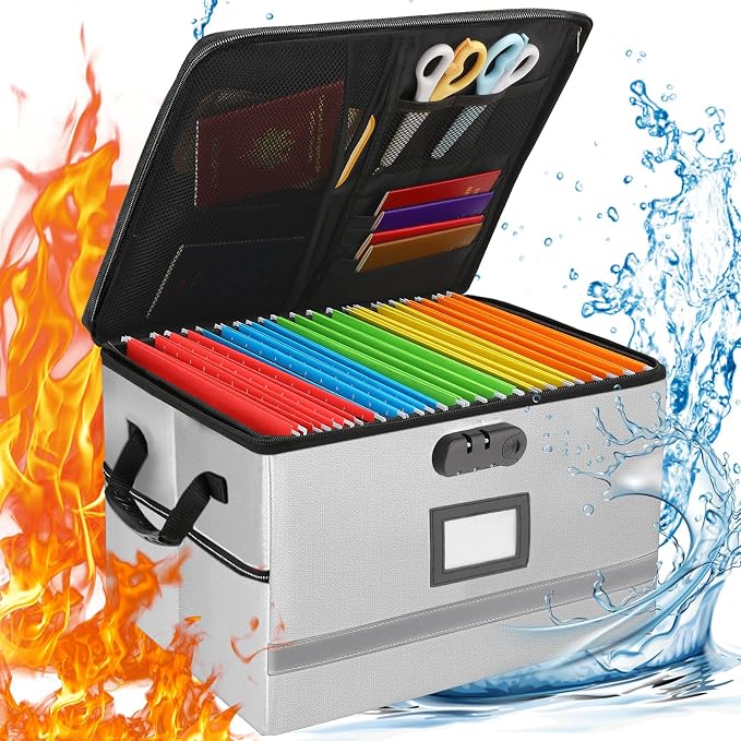 EXLIFBAG File Organizer, Fireproof File Box with Lids, Important Document Organizer Box with Lock, Portable File Folder Organizer with Handle