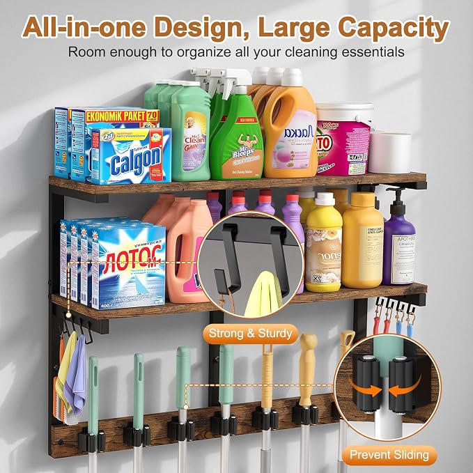 Housolution Wall Mount Broom Holder Laundry Room Storage Organizer Shelves | 2 Tier Large Capacity, Thickened Metal Frame, 100 LBS High Load-Bearing, Multifunctional with 7 Grippers & 8 Hooks