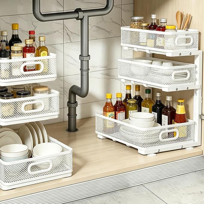 2 Pack 3 Tier Under Sink Organizer with Pull Out Drawer, Height Adjustable Heavy Duty Metal Under Cabinet Organizer, Smooth Sliding Storage Shelf for Kitchen, Bathroom Cabinet Organization, White