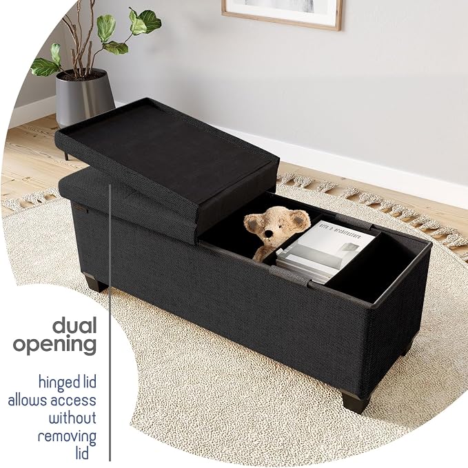 Storage Ottoman Bench with Bins, 43-in Storage Bench for Bedroom End of Bed, Folding Foot Rest Ottoman for Living Room Max 660lbs, Fabric Ottomans, Black