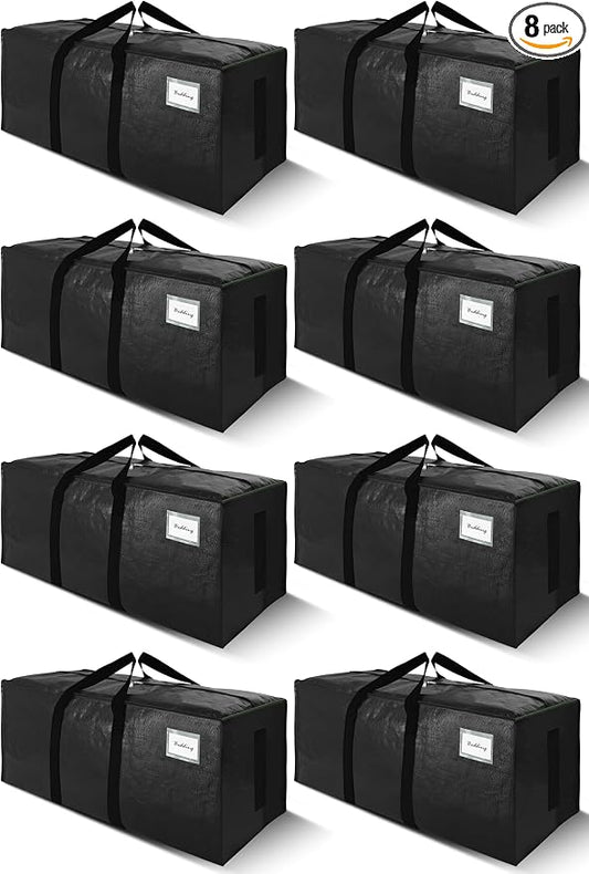 SWEET DOLPHIN 8 Pack 200LB Heavy-Duty Moving Bags with Wrap-Around Handles, Extra Large Storage Totes for Space Saving, Clothes Storage Bags, College Dorm Essentials, Black, 24 Gal