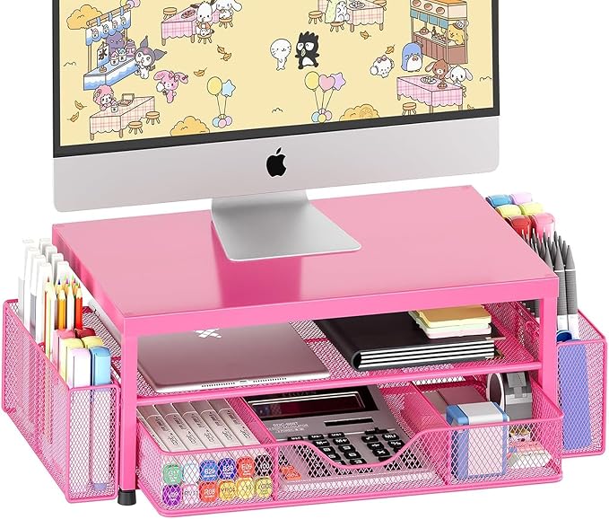 OPNICE Desk Organizers and Accessories, Computer Monitor Stand Riser with Drawer and 2 Pen Holders, Printer & Laptop Stand, Office Desk Accessories & Workspace Organizers for Home Office Supplies, Carmine Rose