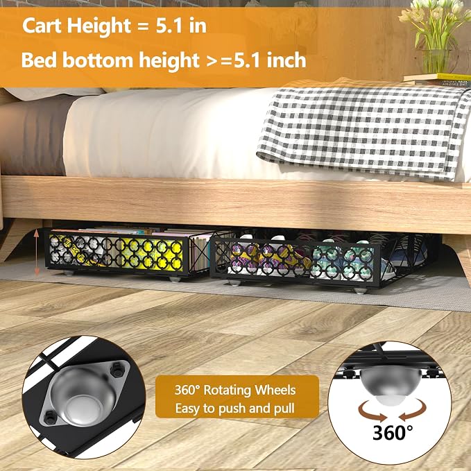 NADAMOO Under Bed Storage with Wheels, Low Profile Rolling Organizer Bins | Ultra-low 5.4" Height, 360° Swivel Casters, Strong Metal Containers Hold Shoes, Clothing, Toys, Dorm & Home Use, 2 Pack