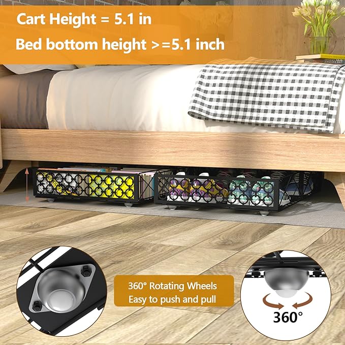 NADAMOO Under Bed Storage with Wheels, Low Profile Rolling Organizer Bins | Ultra-low 5.4" Height, 360° Swivel Casters, Strong Metal Containers Hold Shoes, Clothing, Toys, Dorm & Home Use, 4 Pack