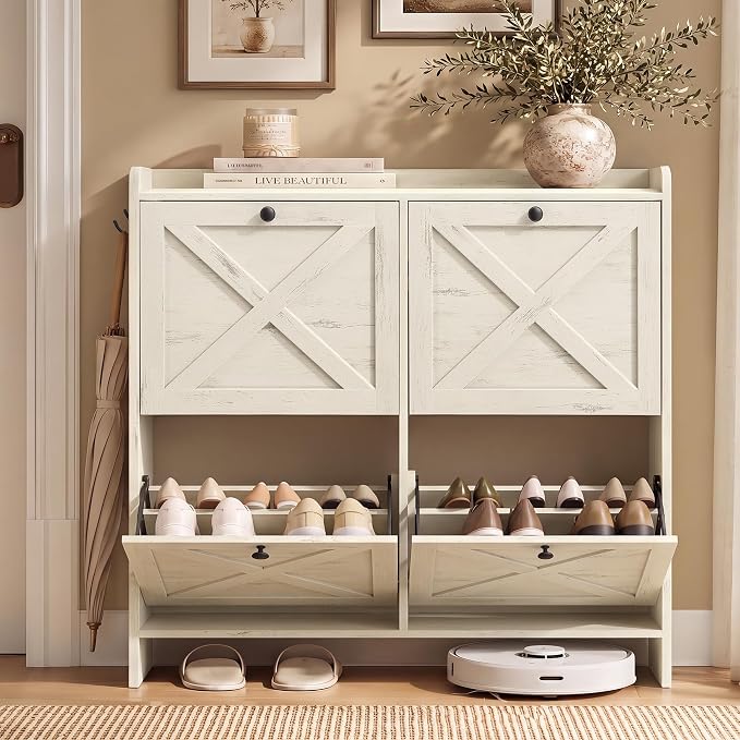 VASAGLE Shoe Storage Cabinet Organizer with 4 Flip Drawers, Freestanding Narrow Shoe Rack Cabinet for Entryway, Farmhouse Style, Fits 14 to 16 Pairs, Cloud White UHSC403WJ01