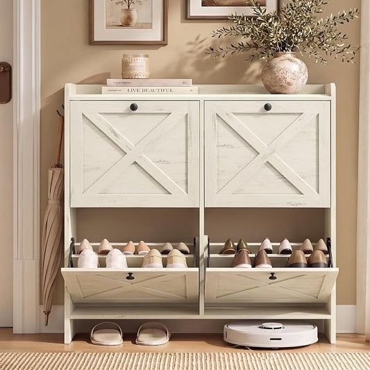 VASAGLE Shoe Storage Cabinet Organizer with 4 Flip Drawers, Freestanding Narrow Shoe Rack Cabinet for Entryway, Farmhouse Style, Fits 14 to 16 Pairs, Cloud White UHSC403WJ01