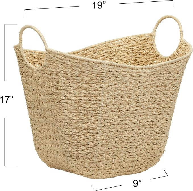 Household Essentials Cream Paper Rope Basket with Handles, Natural Woven Storage Basket