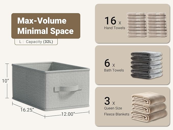 LayerSpace 3 Pack Fabric Storage Bins for Shelves | 16.25x12x10in Closet Storage Baskets | Collapsible Storage Bins |Fabric Closet Organizers with Handles | Light Gray | Thickened Rigid PP Panels, Cotton-linen Shelf Baskets, Measure 16.25"L x 12"W x 10...