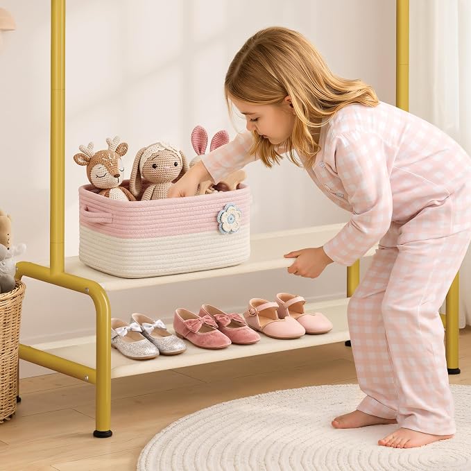Kids Gold Clothing Rack - Dress Up Clothes Rack - Baby Toddler Closet - Freestanding Coat Racks with 2 Fabric Shelves - Small Kids Costume Wardrobe - Garment Rack for Hanging Clothes Organizer