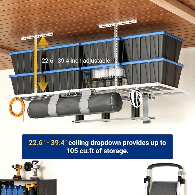 FLEXIMOUNTS 4x8 Overhead Garage Storage Rack with 6 Hooks, 2 Pack, White | 750lbs Capacity, 22.6"–39.4" Adjustable Dropdown, Heavy-Duty Metal Ceiling Racks, Storage Organization System, Lite Series