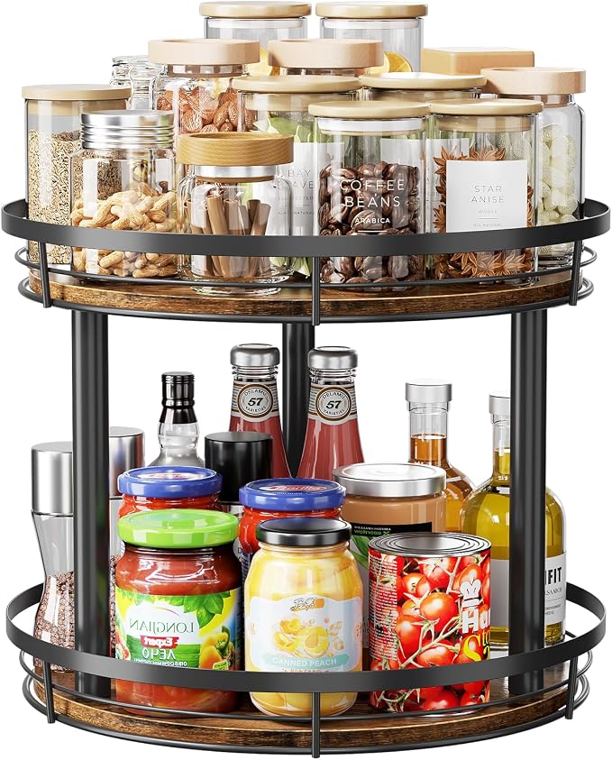 LAMU 12'' Wood Lazy Susan Spice Rack Organizer, 2 Tier Spice Organization for Cabinet, Countertop, Kitchen, Table Top, Pantry, Condiment and Seasoning Rack Organizer