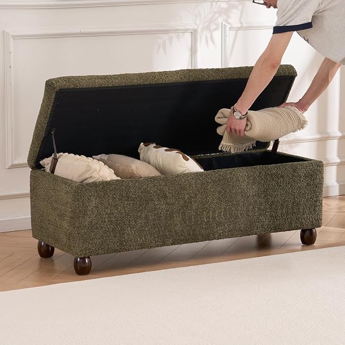 Boucle Storage Ottoman Bench, with Hidden Storage and Solid Wood Legs | Modern End of Bed Bench, Rectangle Footrest, Hidden Storage, Solid Wood Legs, Bedroom, Living Room and Entryway Use, Green