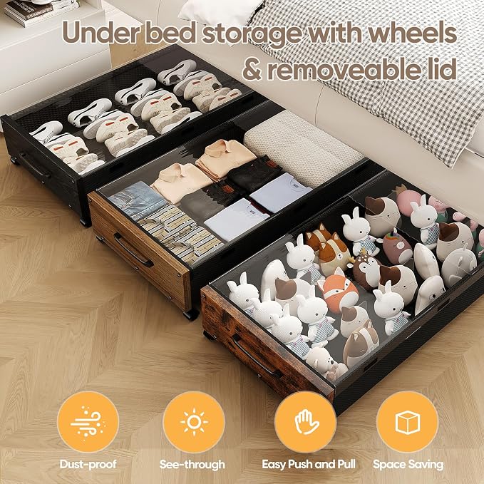 KITHELP Wooden Under Bed Storage with Wheels, Rolling Under the Bed Storage Bins with Removable Lid, Metal Under Bed Drawers for Clothes and Shoes in Bedroom or Living Room(Vintage Brown-2pack)