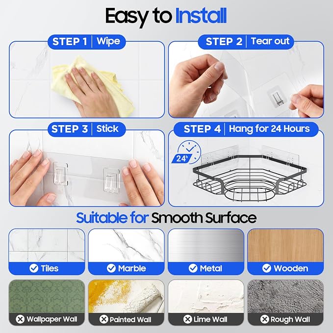 Corner Shower Caddy, Rustproof Shower Organizer with Soap Holder and 8 Hooks, No Drilling Adhesive Shower Shelves for Inside Shower, Large Capacity Shower Rack for Bathroom Shower Storage, X-Large