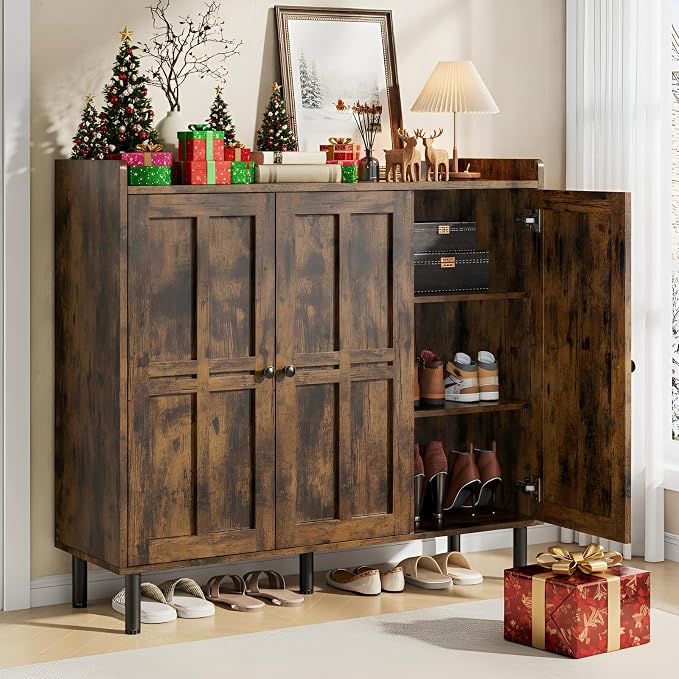 ONBRILL Shoe Cabinet with 3 Doors and Adjustable Shelves, 30 Pairs Shoe Storage Cabinet, 40 Inch Tall Farmhouse Shoe Rack Shoe Organizer Cabinet for Entryway Living Room Closet, Rustic Brown
