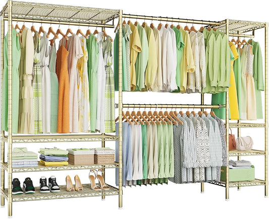 Ulif E11 Heavy-Duty Garment Rack, Metal Clothes Rack, Load 1034lbs, Gold | Freestanding Expandable Closet Storage Organizer System with 8 Shelves and 4 Hanger Rods, (73.2-97.6)"W x 14.5"D x 71.2"H