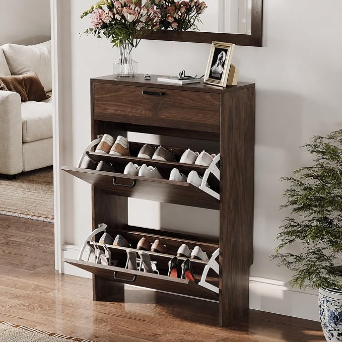 VINGLI Set of 2 Shoe Cabinets Storage for Entryway,2-Pack,Walnut | 16–24 Pairs,Skirting Board Cutout,Drop-Down Drawer,9.4"D Slim,Modern,2 Flip Drawers,Adjustable & Removable Shelf