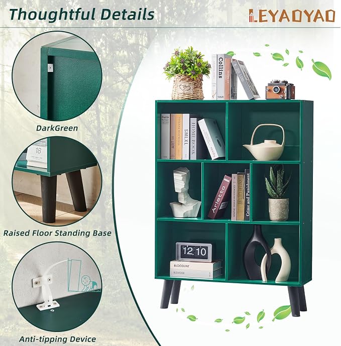LEYAOYAO Cube Bookshelf, Mid-Century Modern Book Shelf with Legs,Dark Green | 3 Tier Bookcase, Rustic Wood Bookshelves Freestanding Small Storage Organizer, Open Shelves for Bedroom, Living Room, Office